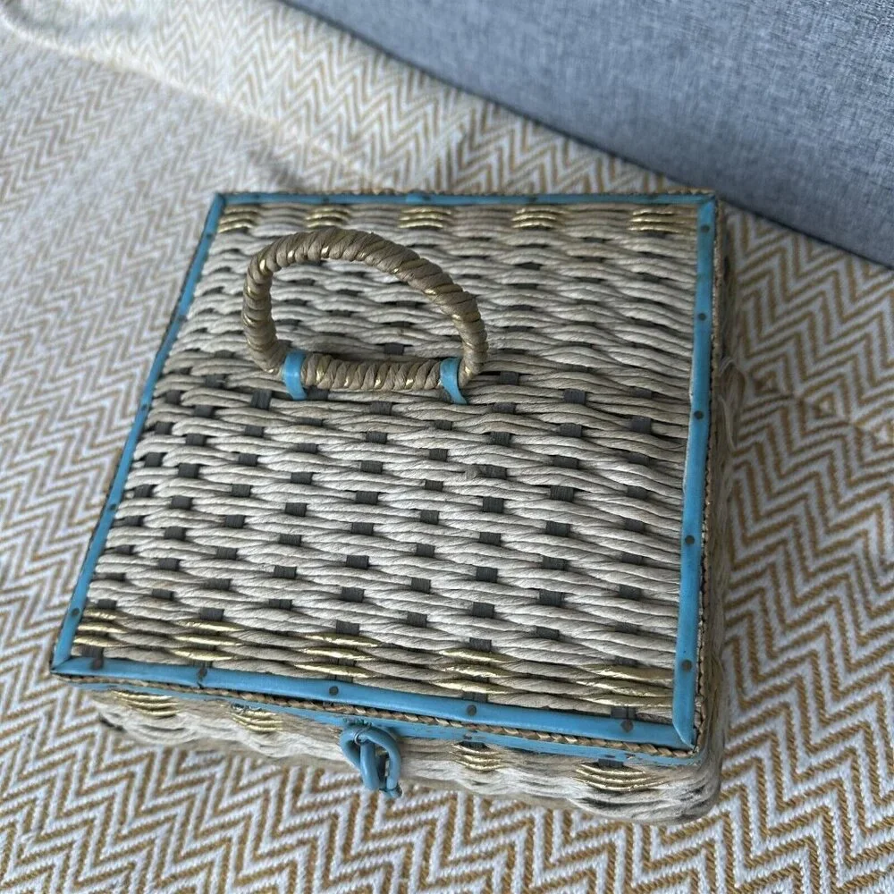 Vintage Sewing Basket Musical 1950's Vintage Wicker Craft Container Blue Gold